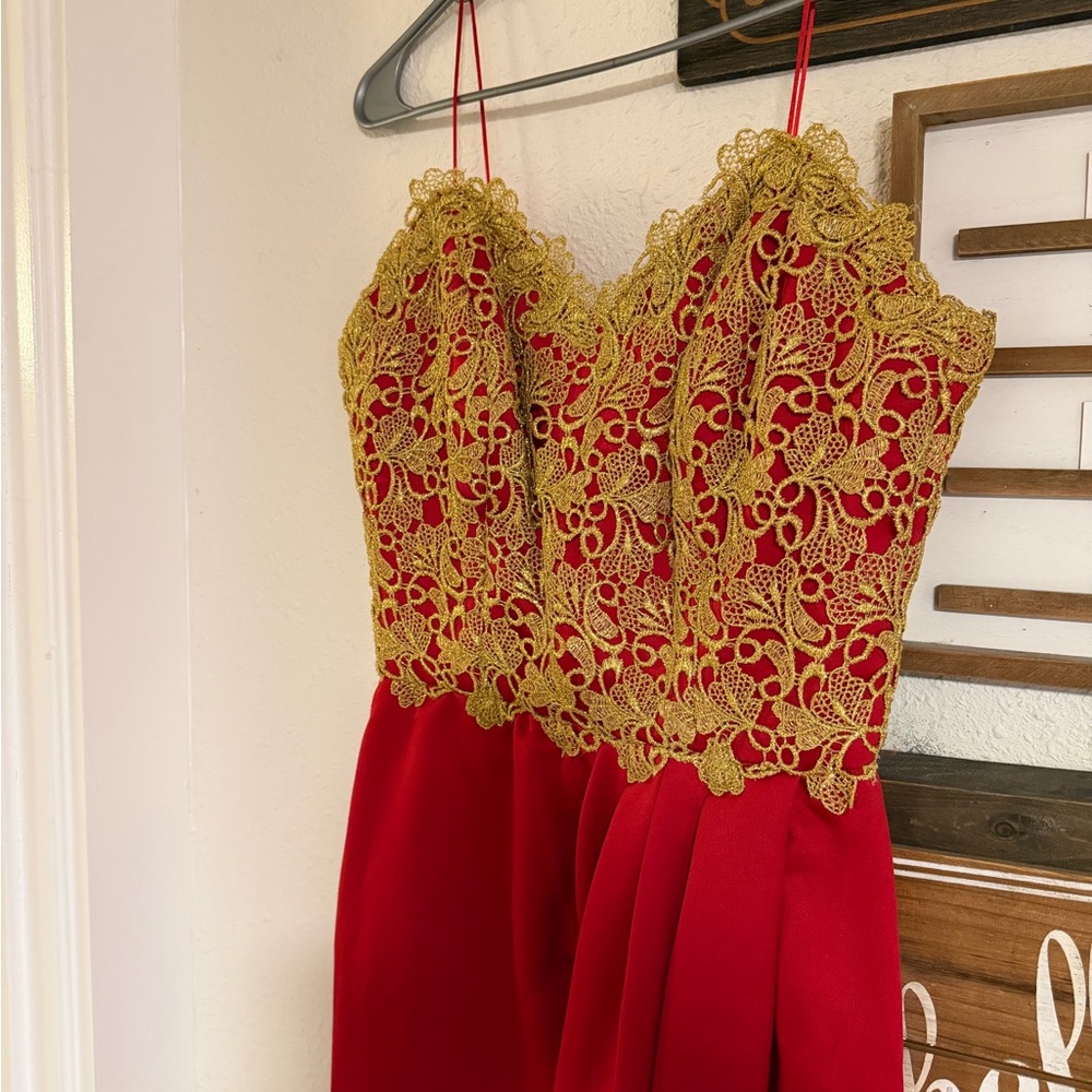 Elegant Red Dress with Gold Lace